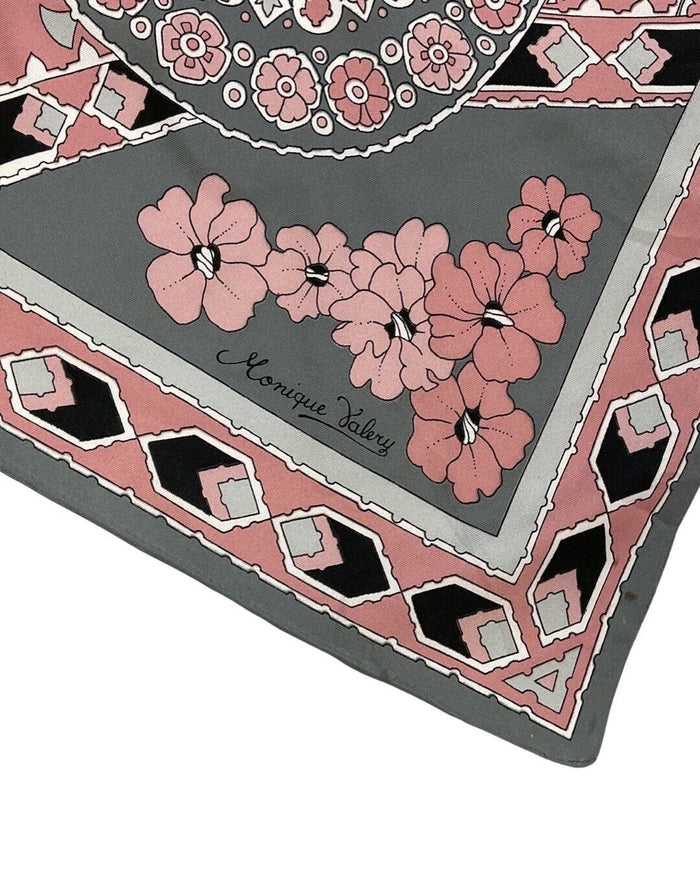 VINTAGE 60s 70s GREY SILVER PINK FLORAL GEOMETRIC MOD SQUARE SCARF