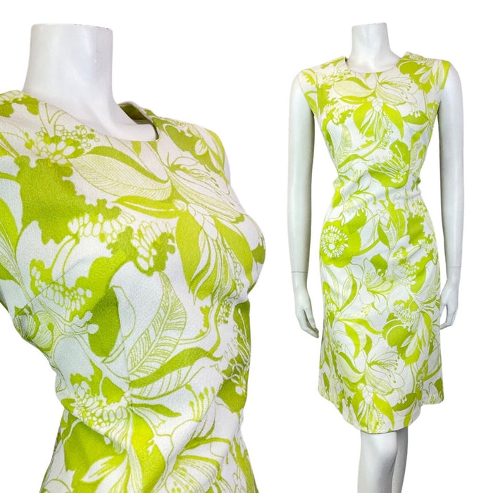 VINTAGE 60s 70s LIME GREEN WHITE FLORAL LEAFY SLEEVELESS SUMMER DRESS 14 16