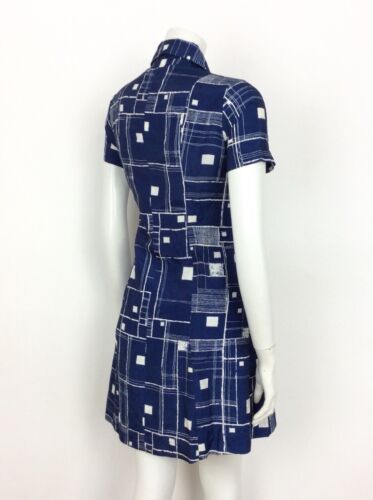 VINTAGE 60s 70s NAVY BLUE SHIRT DRESS GEOMETRIC WHITE SQUARES 8 10