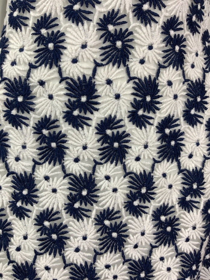 VINTAGE 60s 70s NAVY BLUE WHITE DAISY FLORAL EMBROIDERED MOD DRESS 10