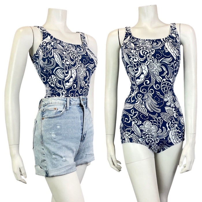 VINTAGE 60s 70s NAVY BLUE WHITE PSYCHEDELIC PAISLEY FLORAL SWIMSUIT BODYSUIT 10