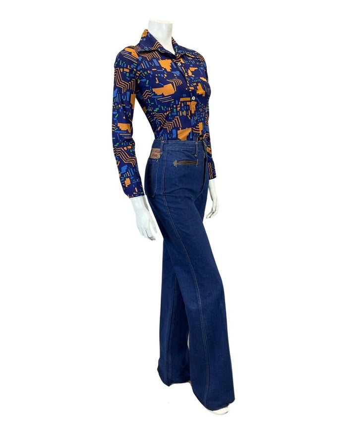VINTAGE 60s 70s NAVY BLUE YELLOW GEOMETRIC MOD DAGGER COLLAR SHIRT 8