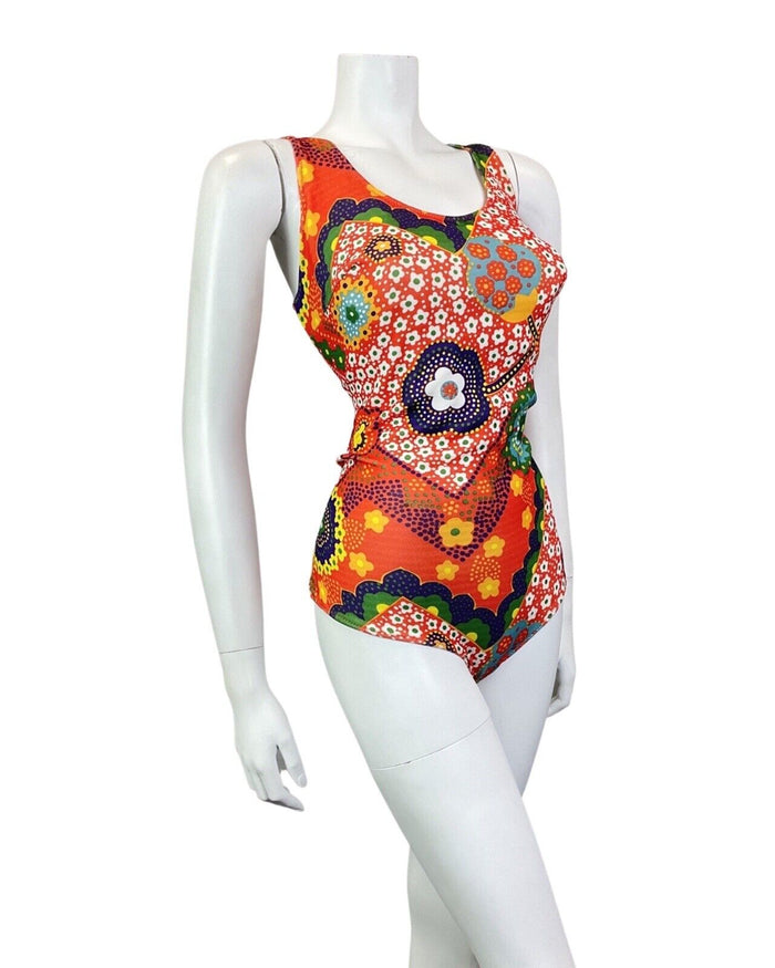 VINTAGE 60s 70s ORANGE PURPLE GREEN DAISY FLOWER DOTTY MOD SWIMSUIT 16 18