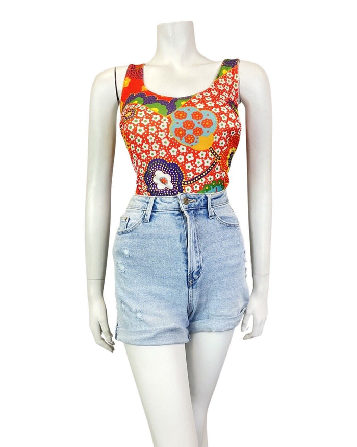 VINTAGE 60s 70s ORANGE PURPLE GREEN DAISY FLOWER DOTTY MOD SWIMSUIT 16 18