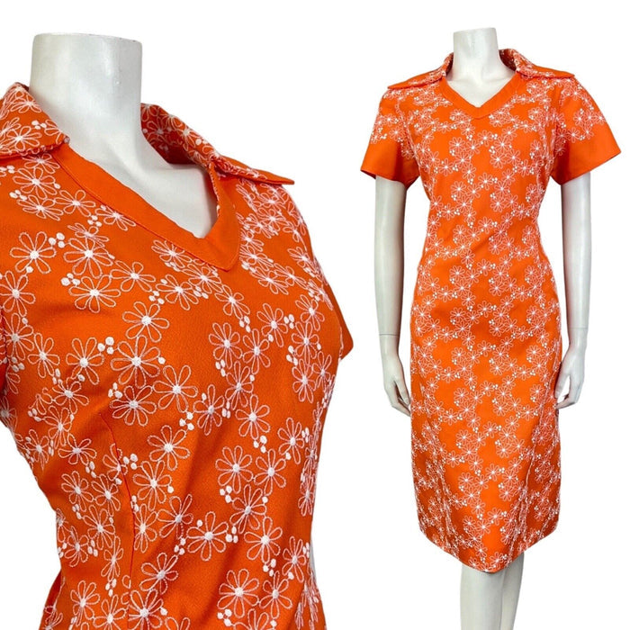 VINTAGE 60s 70s ORANGE WHITE EMBROIDERED FLORAL DAGGER COLLAR MOD DRESS 12