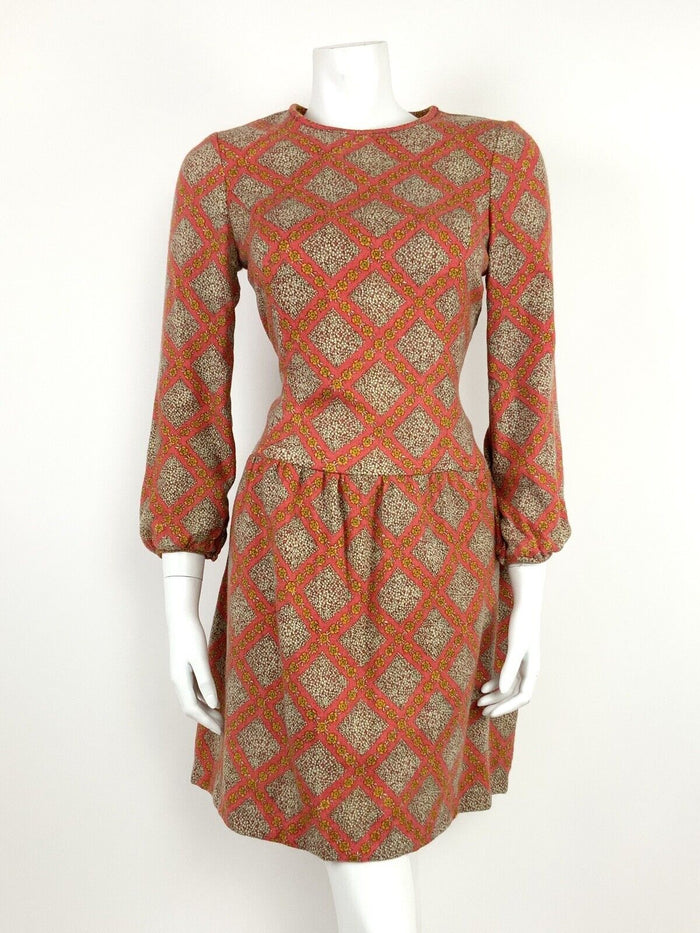 VINTAGE 60s 70s ORANGE WHITE YELLOW DAISY FLORAL GEOMETRIC DROP WAIST DRESS 12