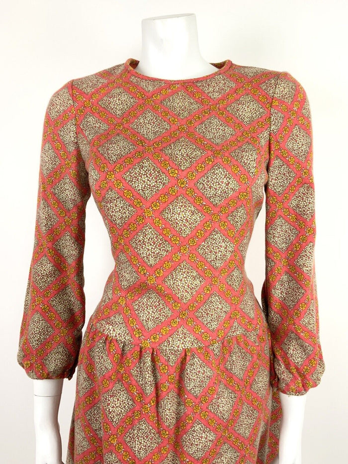 VINTAGE 60s 70s ORANGE WHITE YELLOW DAISY FLORAL GEOMETRIC DROP WAIST DRESS 12