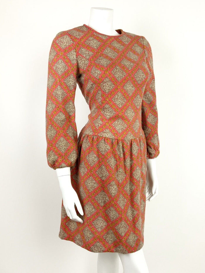 VINTAGE 60s 70s ORANGE WHITE YELLOW DAISY FLORAL GEOMETRIC DROP WAIST DRESS 12