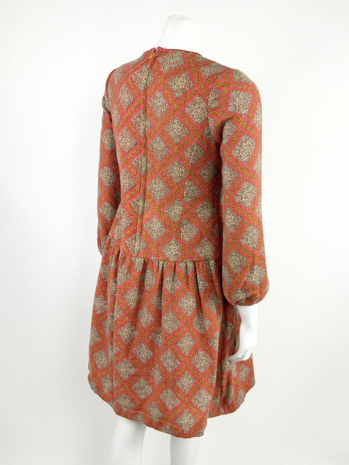 VINTAGE 60s 70s ORANGE WHITE YELLOW DAISY FLORAL GEOMETRIC DROP WAIST DRESS 12