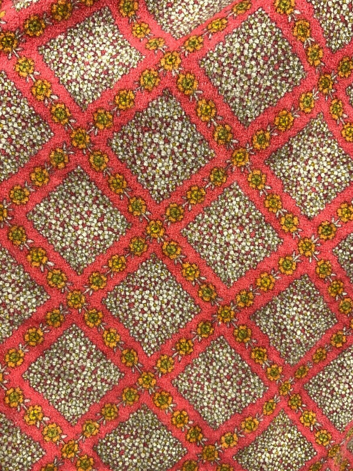 VINTAGE 60s 70s ORANGE WHITE YELLOW DAISY FLORAL GEOMETRIC DROP WAIST DRESS 12