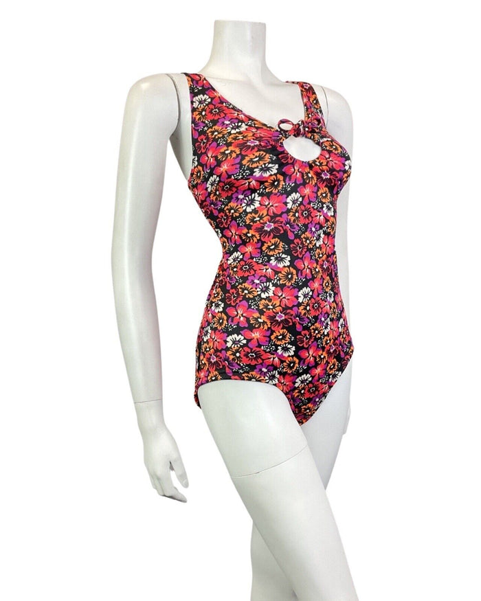 VINTAGE 60s 70s PINK BLACK ORANGE NEON PSYCHEDELIC FLORAL SWIMSUIT BODYSUIT 10