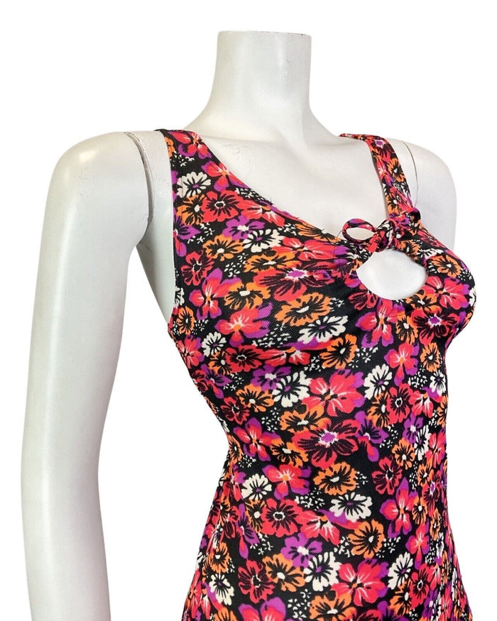 VINTAGE 60s 70s PINK BLACK ORANGE NEON PSYCHEDELIC FLORAL SWIMSUIT BODYSUIT 10