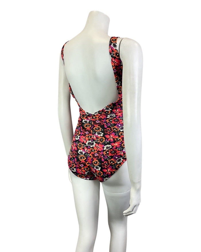 VINTAGE 60s 70s PINK BLACK ORANGE NEON PSYCHEDELIC FLORAL SWIMSUIT BODYSUIT 10