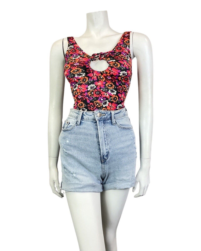 VINTAGE 60s 70s PINK BLACK ORANGE NEON PSYCHEDELIC FLORAL SWIMSUIT BODYSUIT 10
