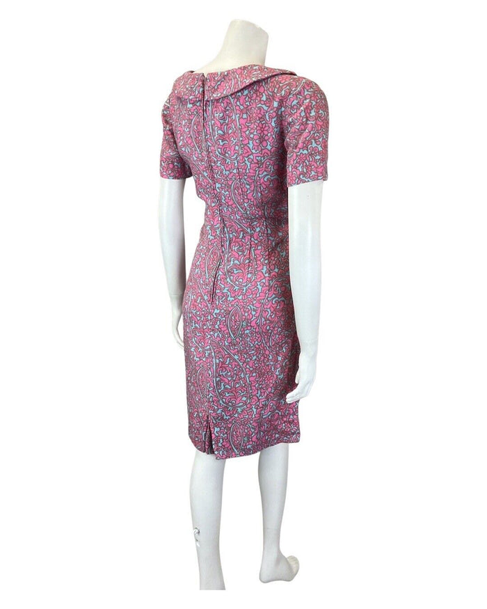 VINTAGE 60s 70s PINK BLUE PSYCHEDELIC ACANTHUS FLORAL PETER PAN COLLAR DRESS 10