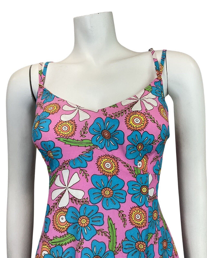 VINTAGE 60s 70s PINK BLUE WHITE HAWAIIAN FLORAL STRAPPY SUN DRESS 12 14