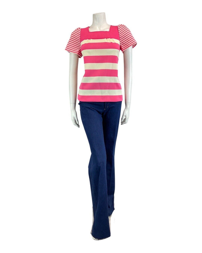 VINTAGE 60s 70s PINK CREAM STRIPED MOD PEGGY LANE SHORT SLEEVE BLOUSE TOP 8