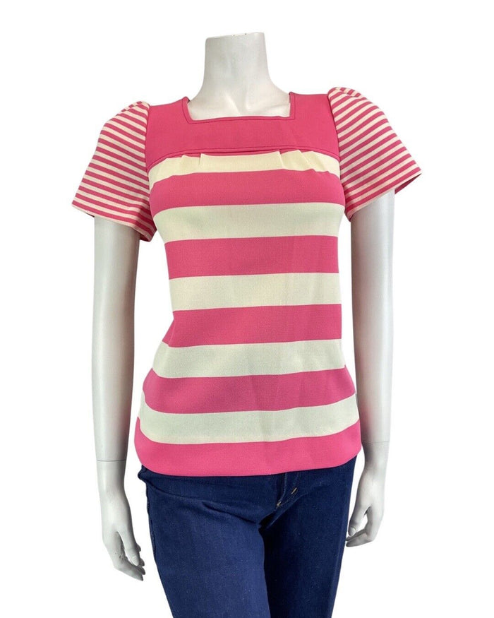 VINTAGE 60s 70s PINK CREAM STRIPED MOD PEGGY LANE SHORT SLEEVE BLOUSE TOP 8