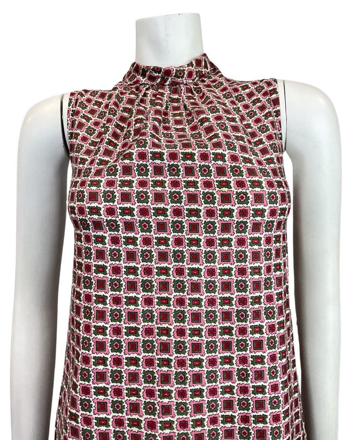 VINTAGE 60s 70s PINK GREEN RED GEOMETRIC MOD SLEEVELESS TENT SHIFT DRESS 10 12