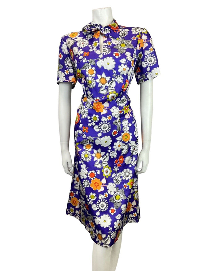 VINTAGE 60s 70s PURPLE WHITE ORANGE FLORAL DAISY PUSSYBOW MOD DRESS 14