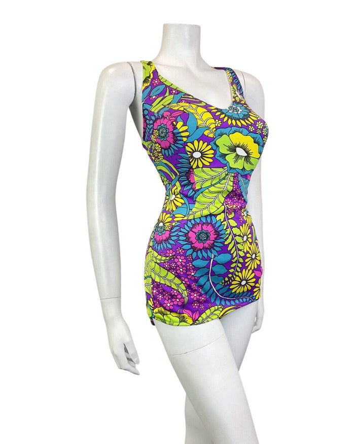 VINTAGE 60s 70s PURPLE YELLOW BLUE PSYCHEDELIC FLORAL SKIRTED SWIMSUIT 16 18