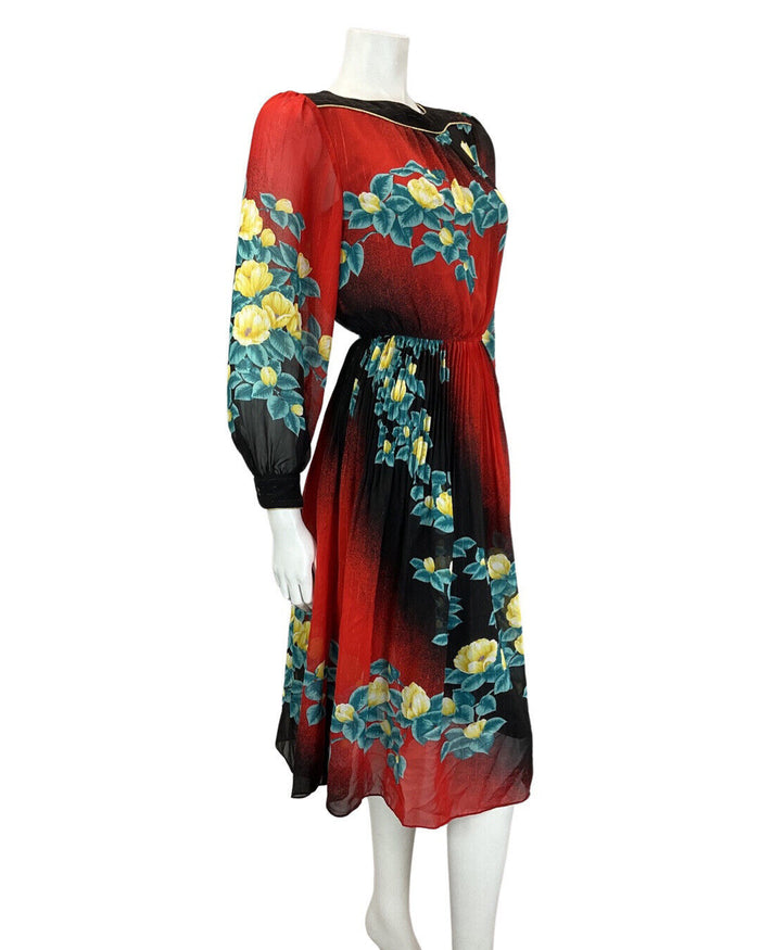 VINTAGE 60s 70s RED BLACK FLORAL SHEER BOHO BLOUSON SWING DRESS 8 10