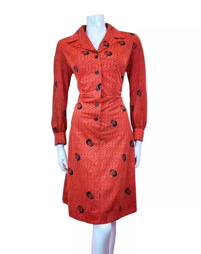 VINTAGE 60s 70s RED BLACK ZIG-ZAG TREE LEAFY MOD DAGGER SHIRT DRESS 14 16