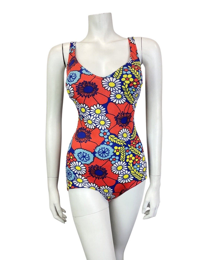 VINTAGE 60s 70s RED BLUE YELLOW DAISY FLOWER MOD SWIMSUIT BODYSUIT 10 12