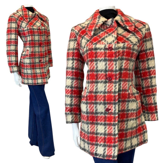 VINTAGE 60s 70s RED CREAM BLACK PLAID CHECKED MOD DAGGER COLLAR WOOL COAT 12