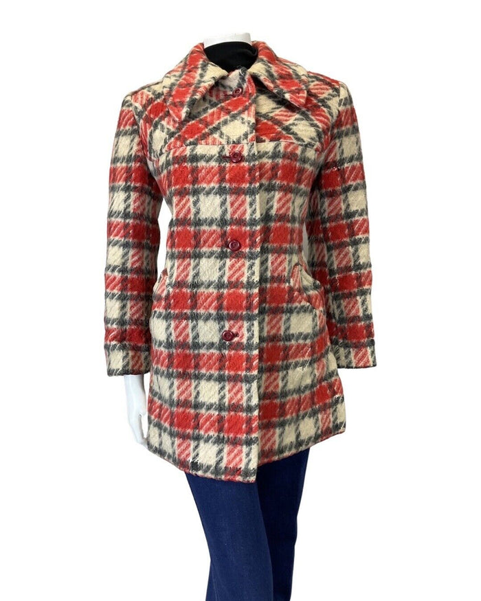 VINTAGE 60s 70s RED CREAM BLACK PLAID CHECKED MOD DAGGER COLLAR WOOL COAT 12