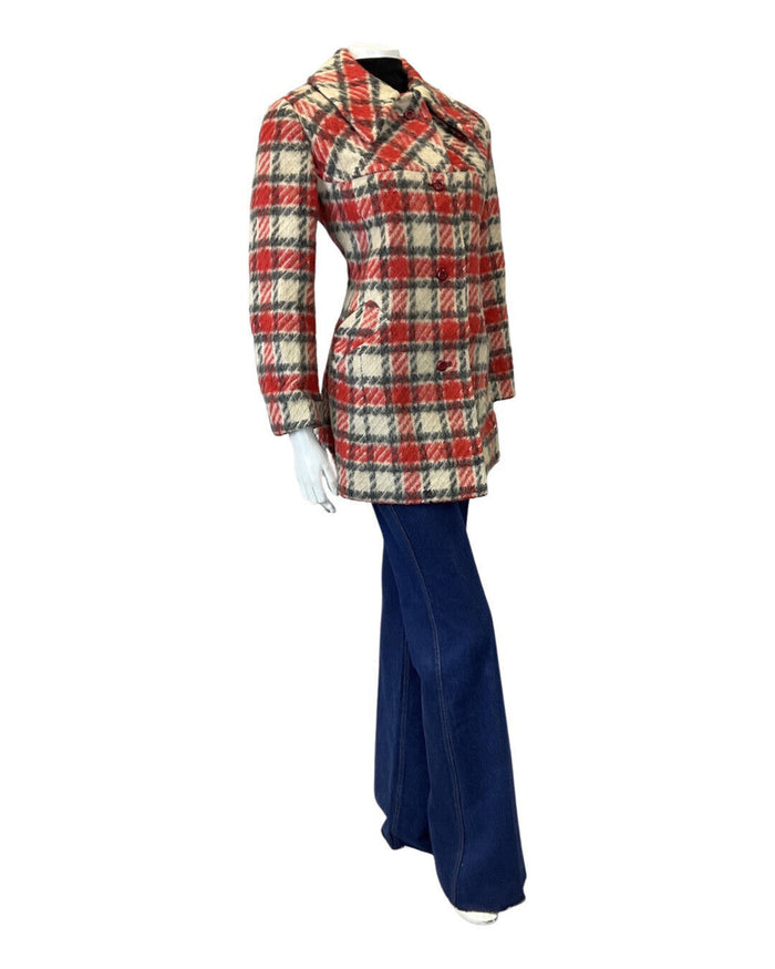 VINTAGE 60s 70s RED CREAM BLACK PLAID CHECKED MOD DAGGER COLLAR WOOL COAT 12
