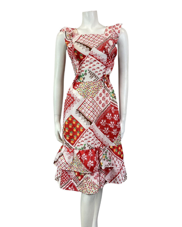 VINTAGE 60s 70s RED WHITE YELLOW PATCHWORK FLORAL PRAIRIE FOLK SUMMER DRESS 4