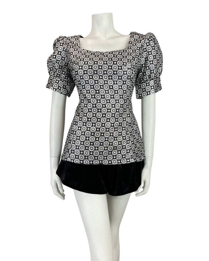 VINTAGE 60s 70s SILVER BLACK GEOMETRIC DISCO STUDIO 54 LUREX BLOUSE 14 16