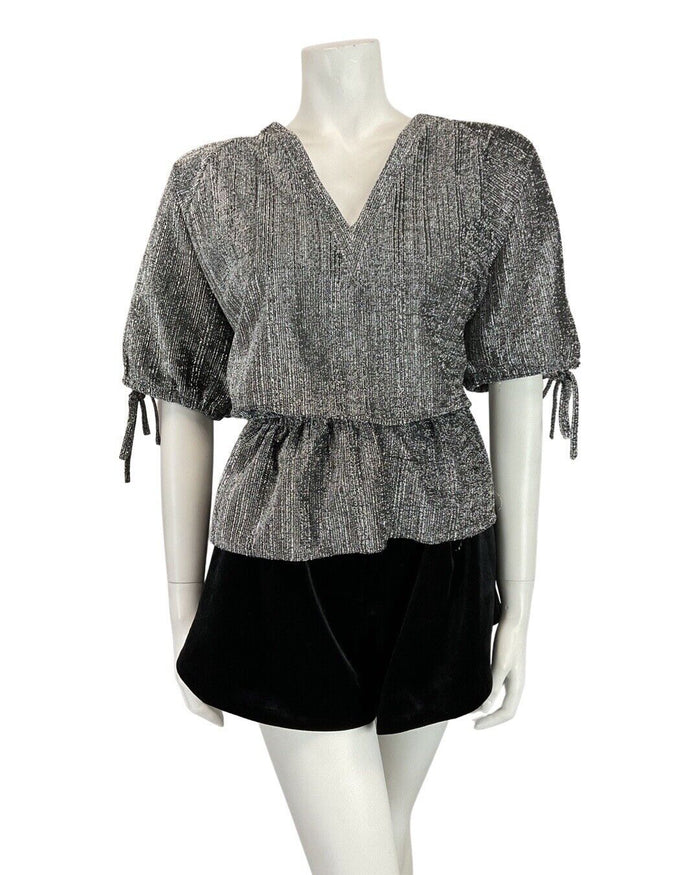 VINTAGE 60s 70s SILVER DISCO PARTY LUREX BLOUSE SHORT SLEEVE BLOUSE TOP 12 14