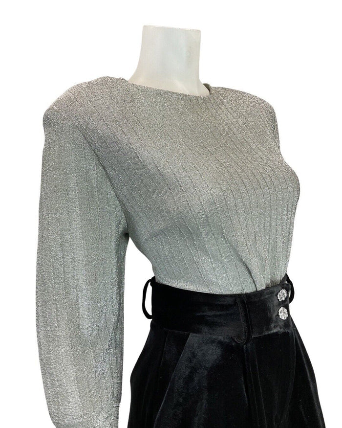 VINTAGE 60s 70s SILVER DISCO PARTY LUREX LONG-SLEEVE BLOUSE TOP 14 16