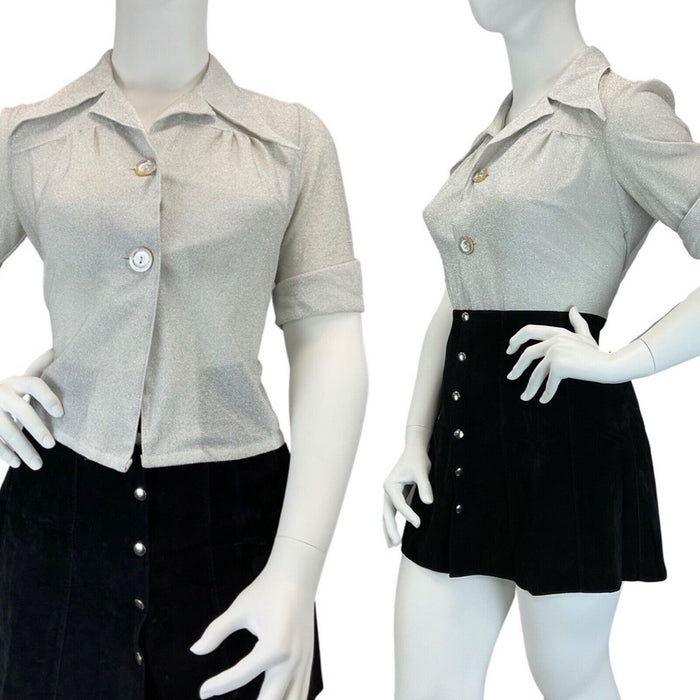 VINTAGE 60s 70s SILVER GLITTER MOD DISCO STUDIO 54 DAGGER COLLAR SHIRT 16 18