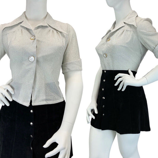 VINTAGE 60s 70s SILVER GLITTER MOD DISCO STUDIO 54 DAGGER COLLAR SHIRT 16 18