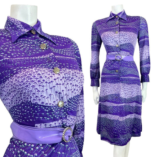 VINTAGE 60s 70s STYLE PURPLE LILAC GREEN FLORAL DITSY DAGGER SHIRT DRESS 10