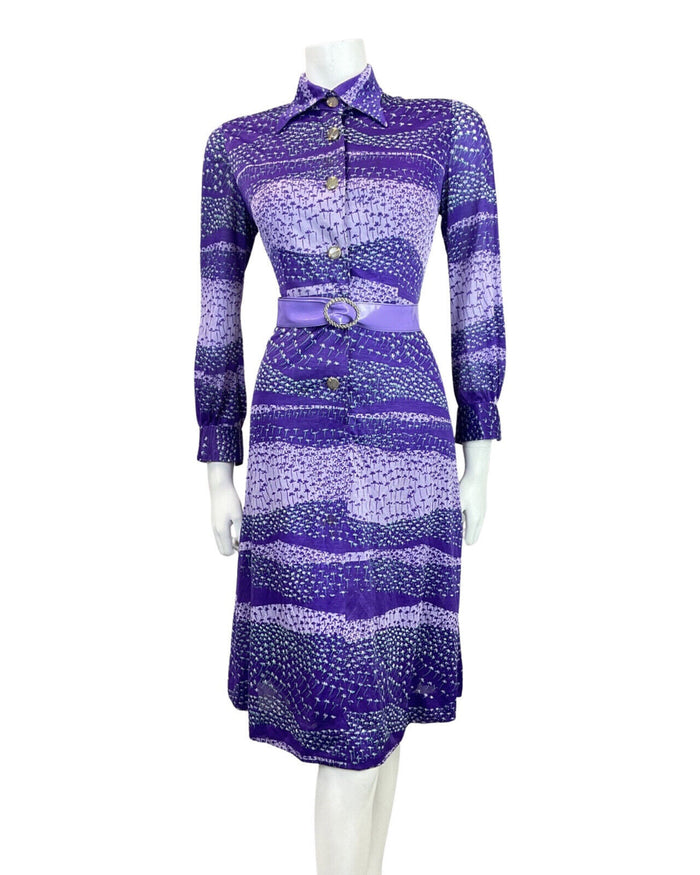 VINTAGE 60s 70s STYLE PURPLE LILAC GREEN FLORAL DITSY DAGGER SHIRT DRESS 10