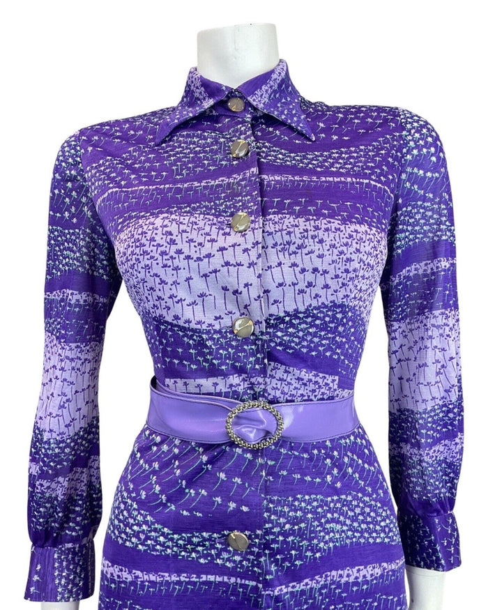 VINTAGE 60s 70s STYLE PURPLE LILAC GREEN FLORAL DITSY DAGGER SHIRT DRESS 10