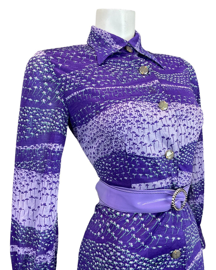 VINTAGE 60s 70s STYLE PURPLE LILAC GREEN FLORAL DITSY DAGGER SHIRT DRESS 10