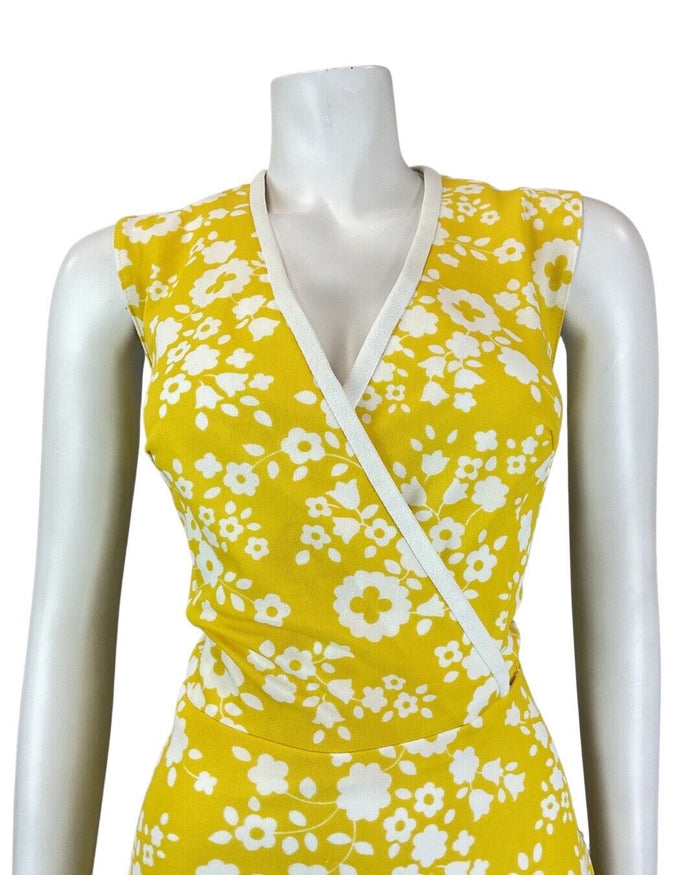VINTAGE 60s 70s SUNSHINE YELLOW WHITE DAISY FLOWER MOD SLEEVELESS DRESS 14