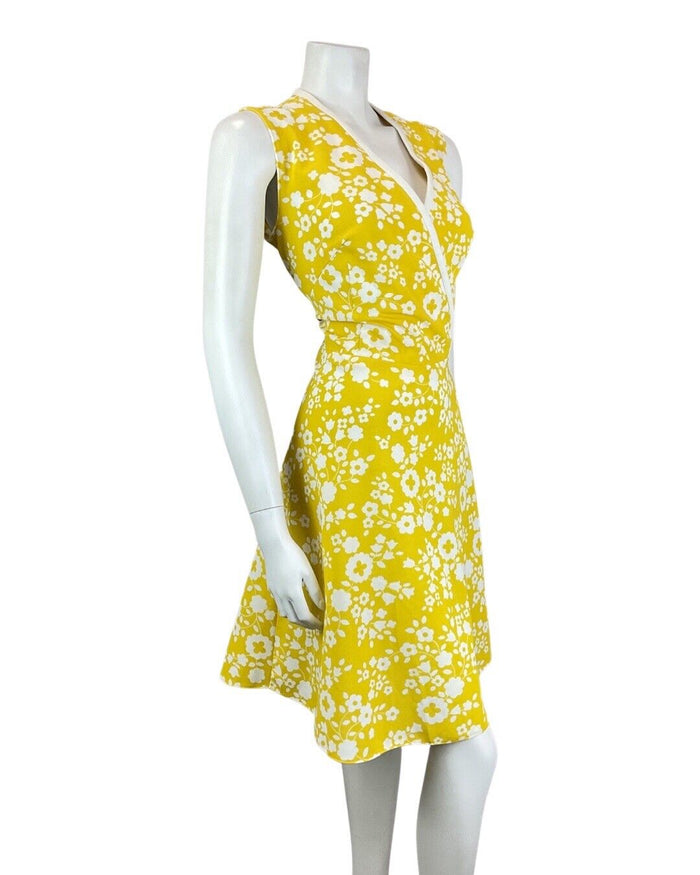 VINTAGE 60s 70s SUNSHINE YELLOW WHITE DAISY FLOWER MOD SLEEVELESS DRESS 14