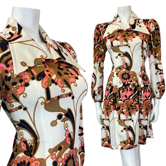 VINTAGE 60s 70s WHITE GOLD BLUE PSYCHEDELIC FLORAL MOD WING COLLAR SHIRT DRESS 8