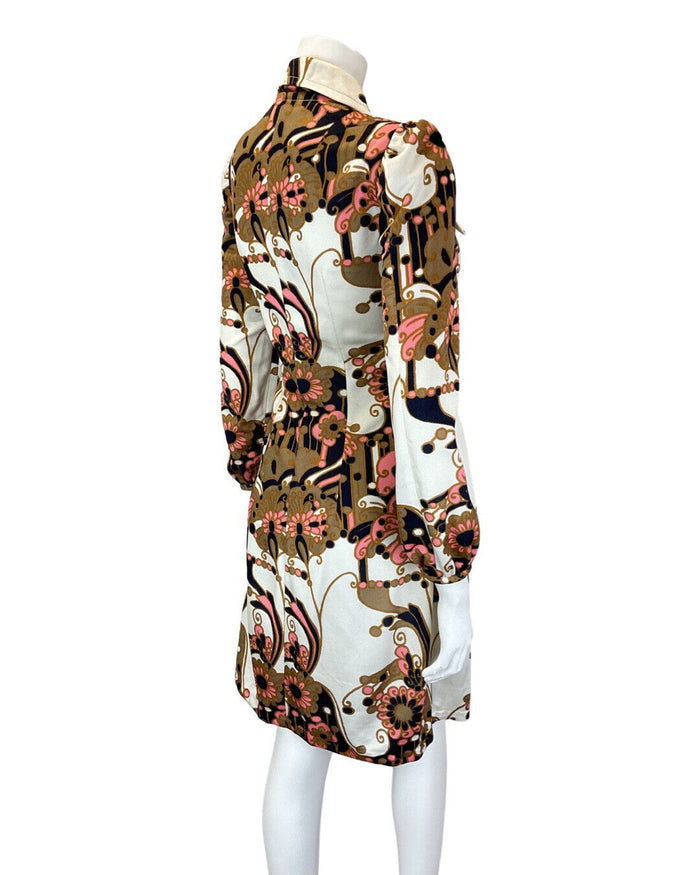 VINTAGE 60s 70s WHITE GOLD BLUE PSYCHEDELIC FLORAL MOD WING COLLAR SHIRT DRESS 8