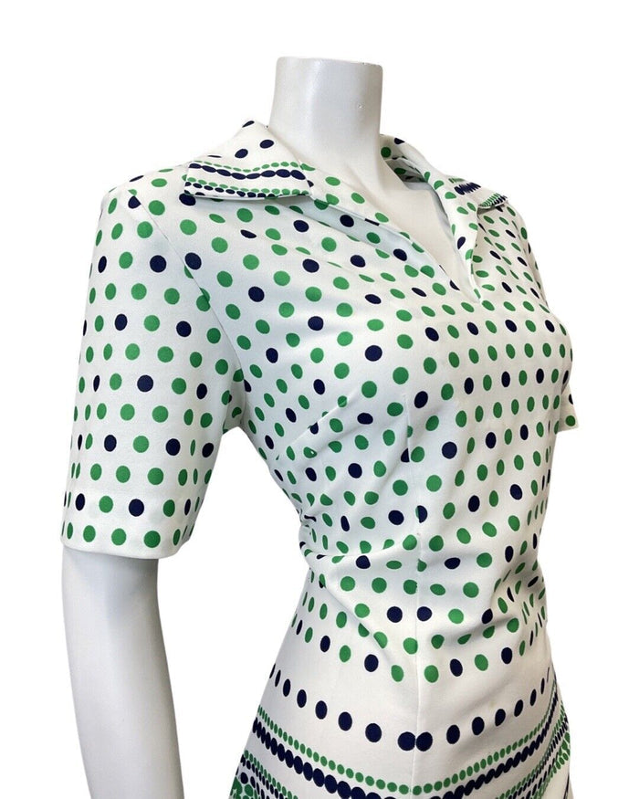 VINTAGE 60s 70s WHITE GREEN BLUE POLKA-DOT STRIPED MOD SHIRT DRESS 14 16