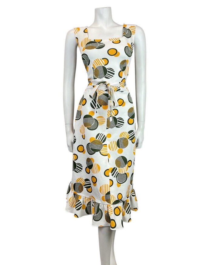 VINTAGE 60s 70s WHITE GREEN YELLOW GEOMETRIC MOD SLEEVELESS SUMMER DRESS 8 10