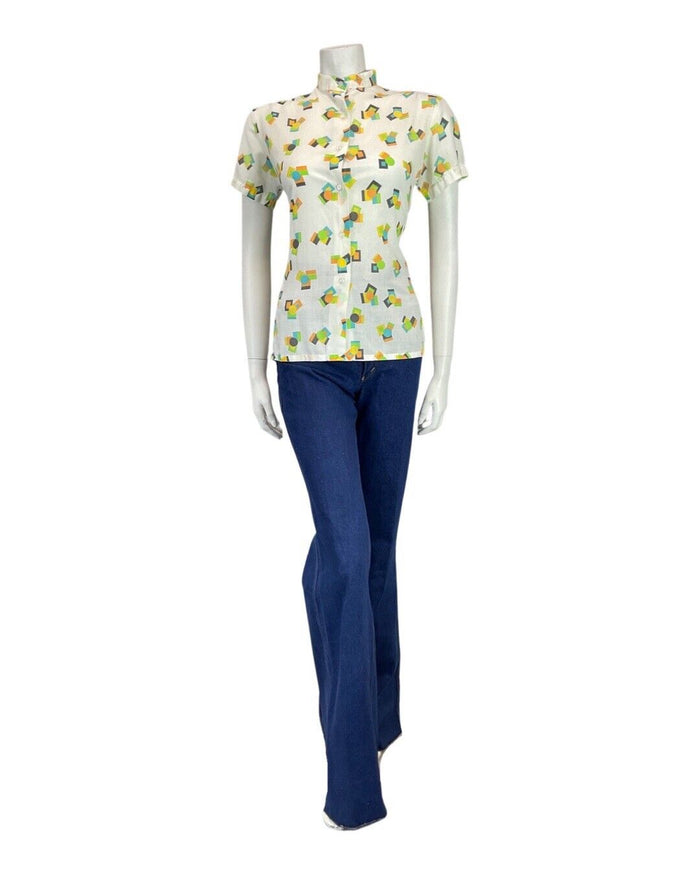 VINTAGE 60s 70s WHITE ORANGE BLUE GEOMETRIC MOD SHORT SLEEVE BLOUSE 12