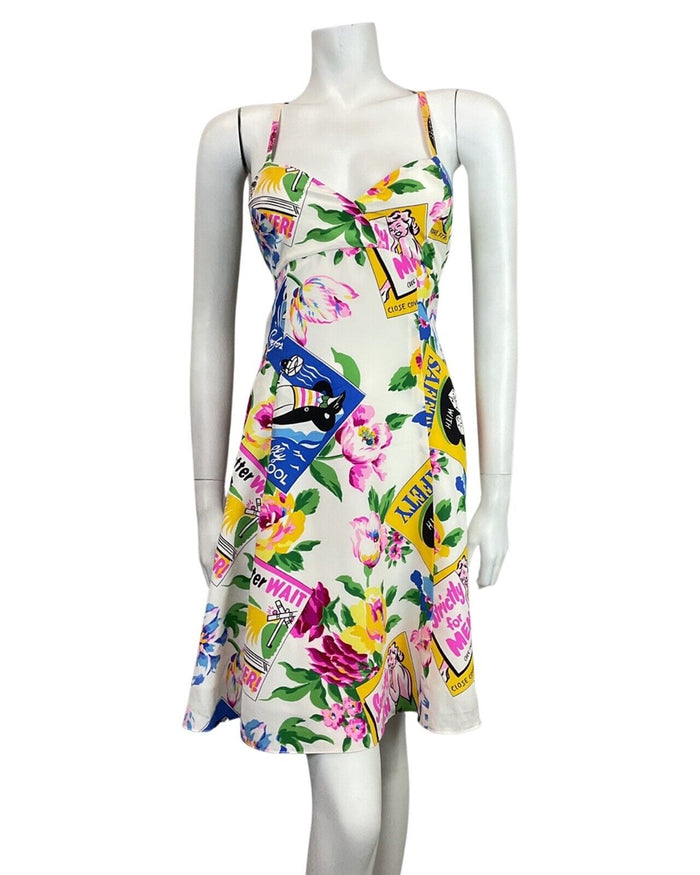 VINTAGE 60s 70s WHITE PINK GREEN FLORAL MATCHBOOK SUMMER STRAPPY SUNDRESS 10