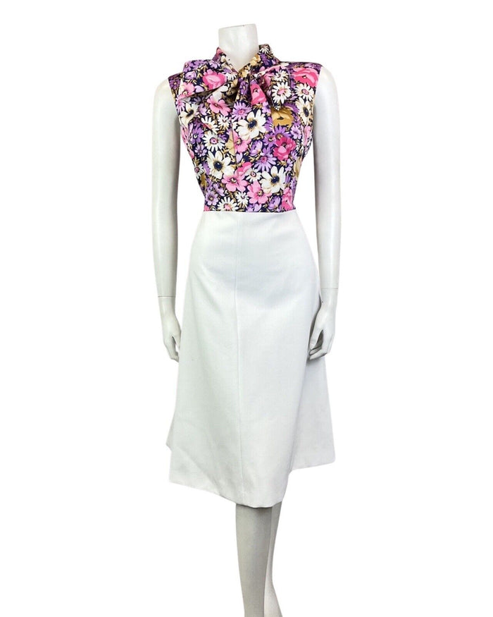 VINTAGE 60s 70s WHITE PURPLE PINK FLORAL PUSSYBOW SLEEVELESS MOD DRESS 12